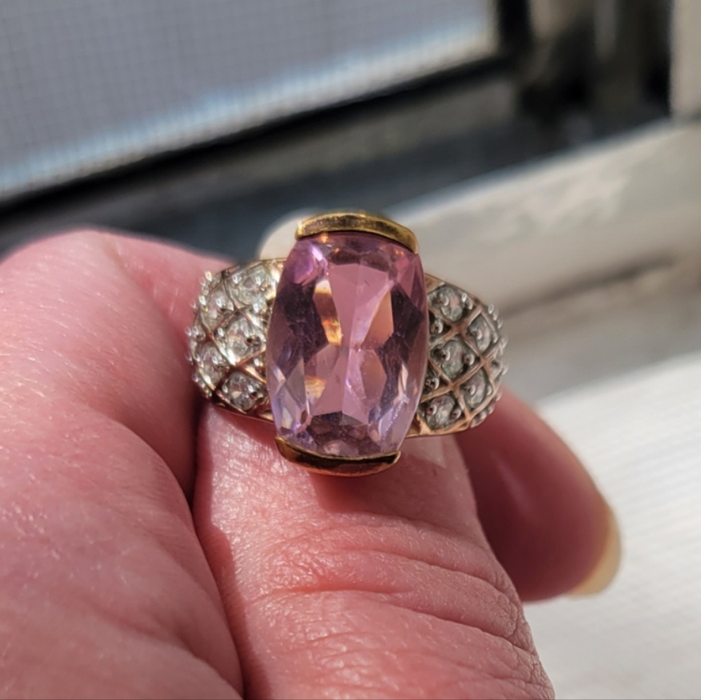 Vtg art deco square cut pink cz diamonds rose gold over sterling silver ring 7.5